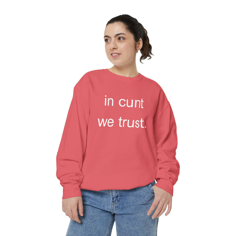 Graphic Sweatshirt — “in cunt we trust.” Bold Provocative Slogan Pullover