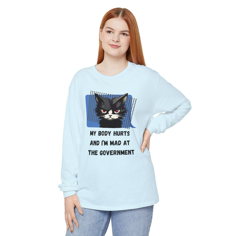 Long Sleeve T‑Shirt – "My Body Hurts and I’m Mad at the Government" Cat Graphic Oversized Tee