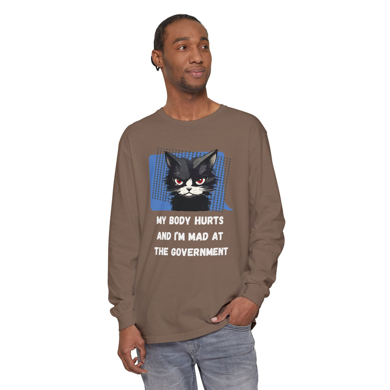 Long Sleeve T‑Shirt – "My Body Hurts and I’m Mad at the Government" Cat Graphic Oversized Tee