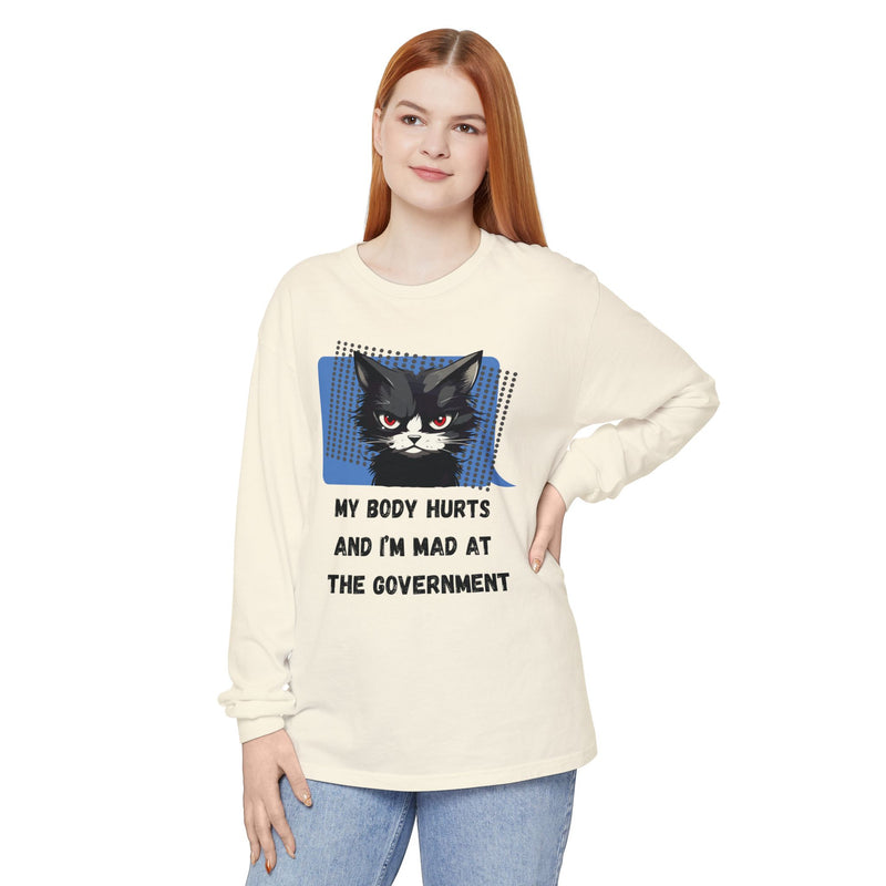 Long Sleeve T‑Shirt – "My Body Hurts and I’m Mad at the Government" Cat Graphic Oversized Tee
