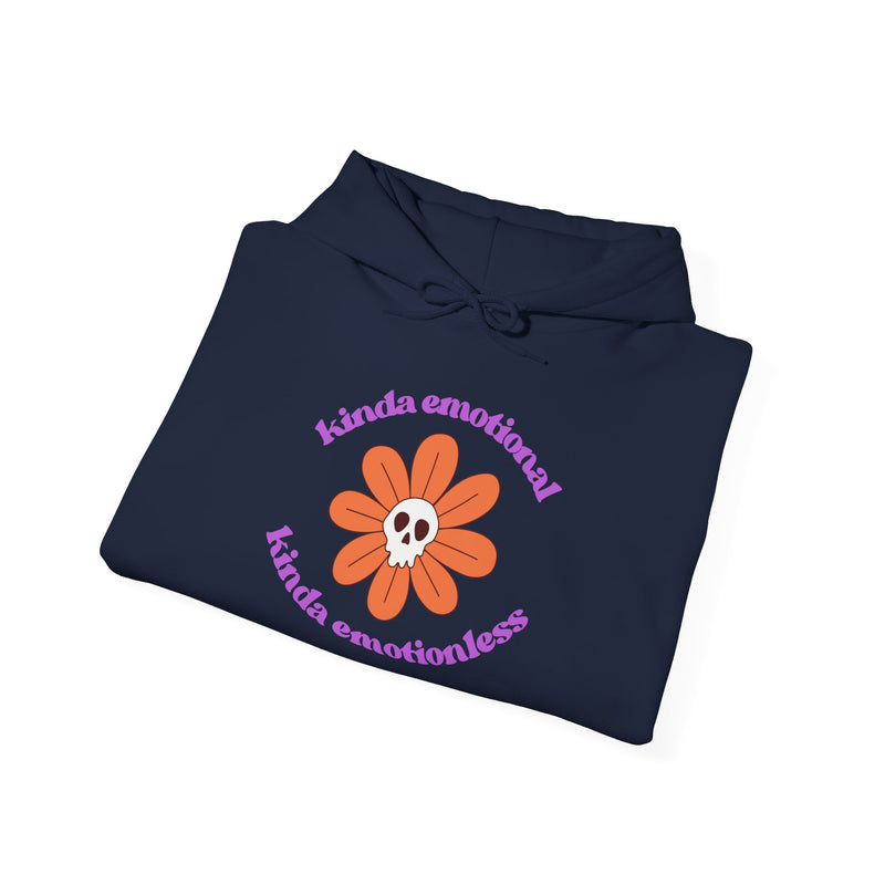 Floral Skull Graphic Hoodie — "Kinda Emotionless, Kinda Emotional" Mental Health Awareness Hooded Sweatshirt