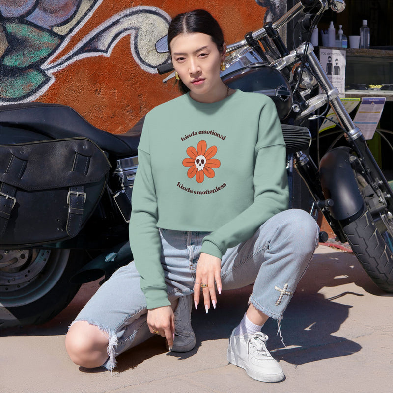 'Kinda Emotional Kinda Emotionless' Cropped Sweatshirt — Retro Daisy Skull Graphic Crop Top