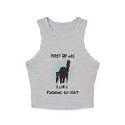 Racer Tank — “First Of All I Am A Fucking Delight” Black Cat Graphic Tank Top