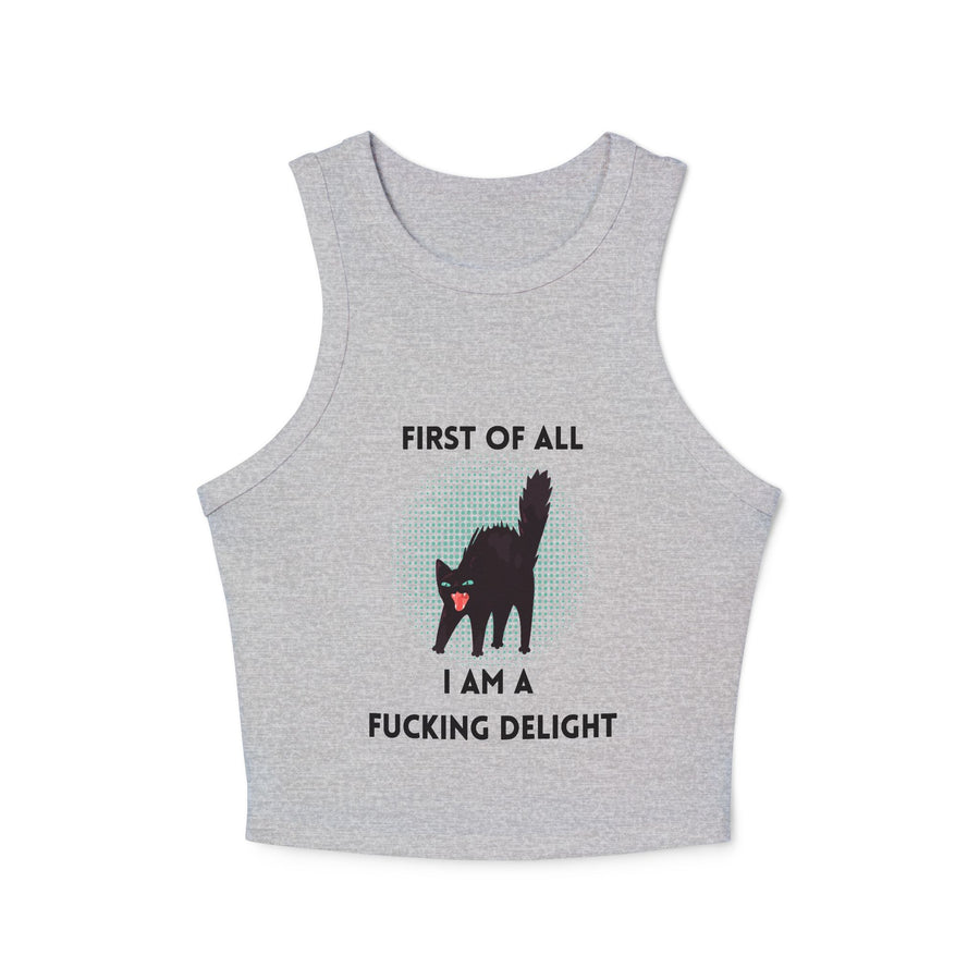 Racer Tank — “First Of All I Am A Fucking Delight” Black Cat Graphic Tank Top