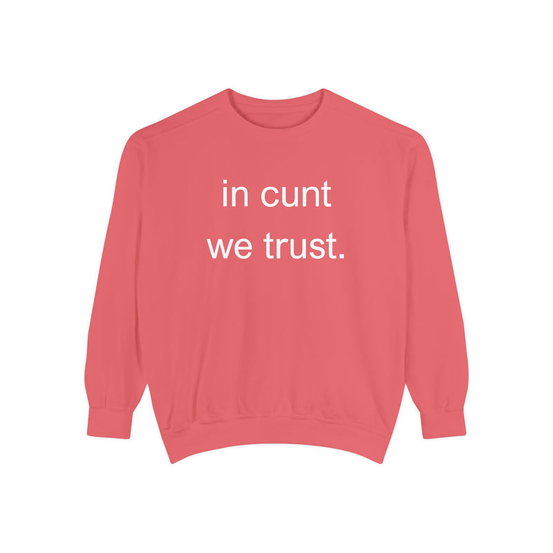 Graphic Sweatshirt — “in cunt we trust.” Bold Provocative Slogan Pullover