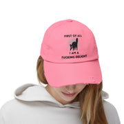Distressed Baseball Cap — "First Of All I Am A Fucking Delight" Sassy Cat Hat