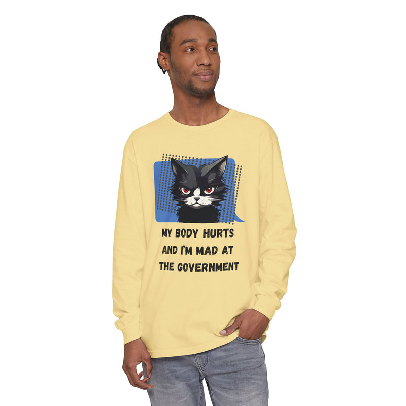 Long Sleeve T‑Shirt – "My Body Hurts and I’m Mad at the Government" Cat Graphic Oversized Tee