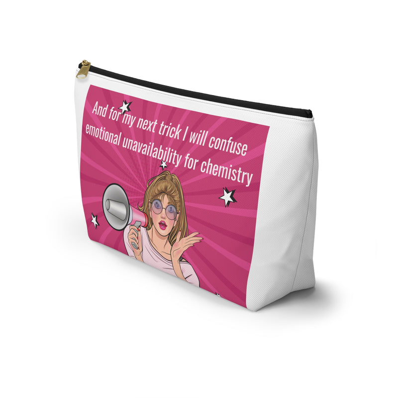 Large Size Accessory Pouch — Pink Pop Art Cosmetic Bag with Quote: “And for my next trick I will confuse emotional unavailability for chemistry”