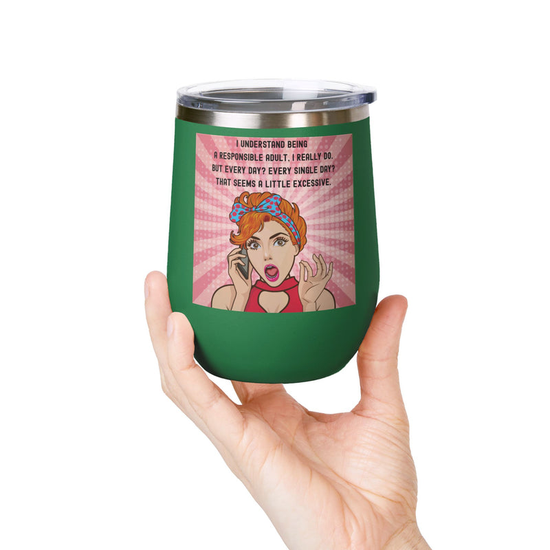 "Responsible Adult"Retro Pop Art Insulated Wine Tumbler - Stainless Steel 12oz