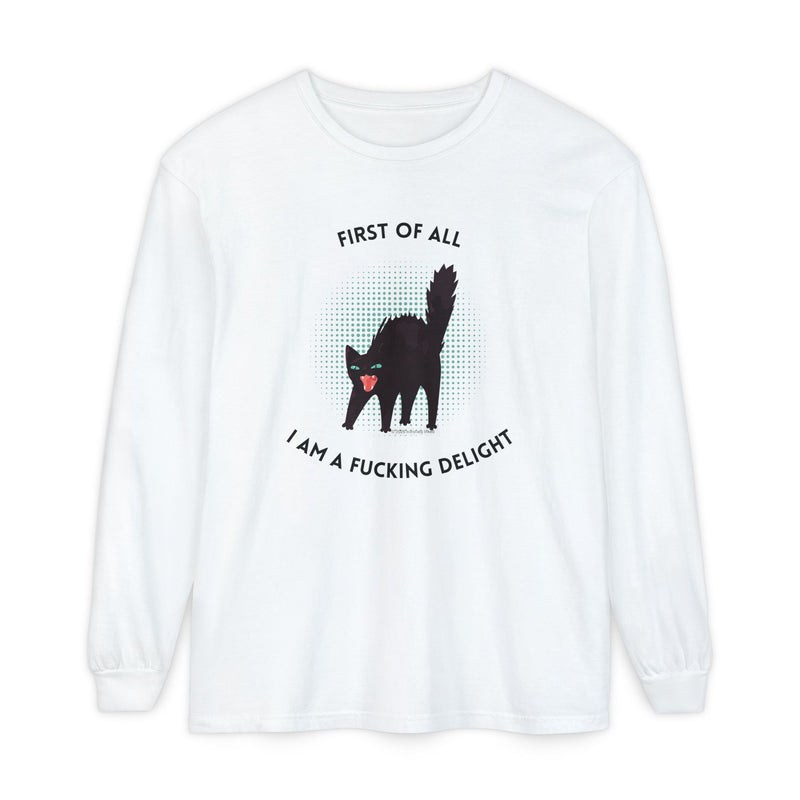 Long Sleeve Tee — “First of All I Am a Fucking Delight” Black Cat Graphic Oversized T-Shirt