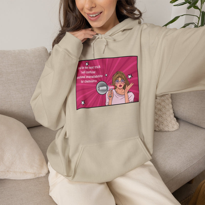Graphic Hoodie — Retro Pop Art "Emotional Unavailability" Hooded Sweatshirt