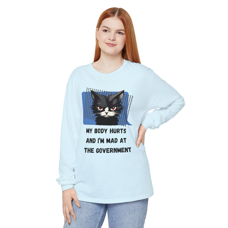 Long Sleeve T‑Shirt – "My Body Hurts and I’m Mad at the Government" Cat Graphic Oversized Tee