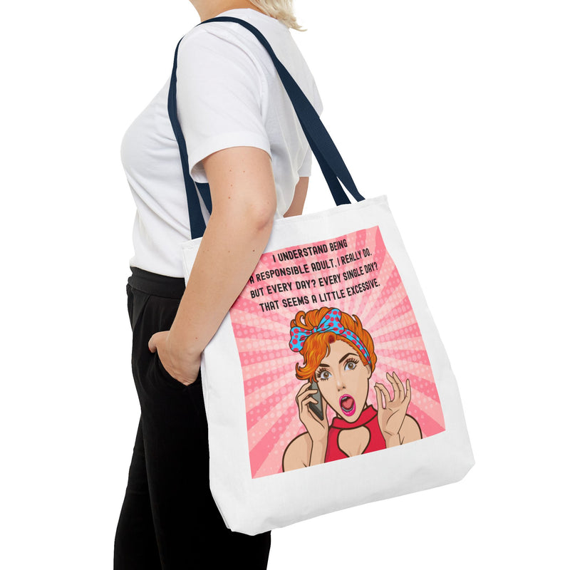 Large 18" x 18" Retro Pop Art Tote Bag — "Being a Responsible Adult" Graphic Tote