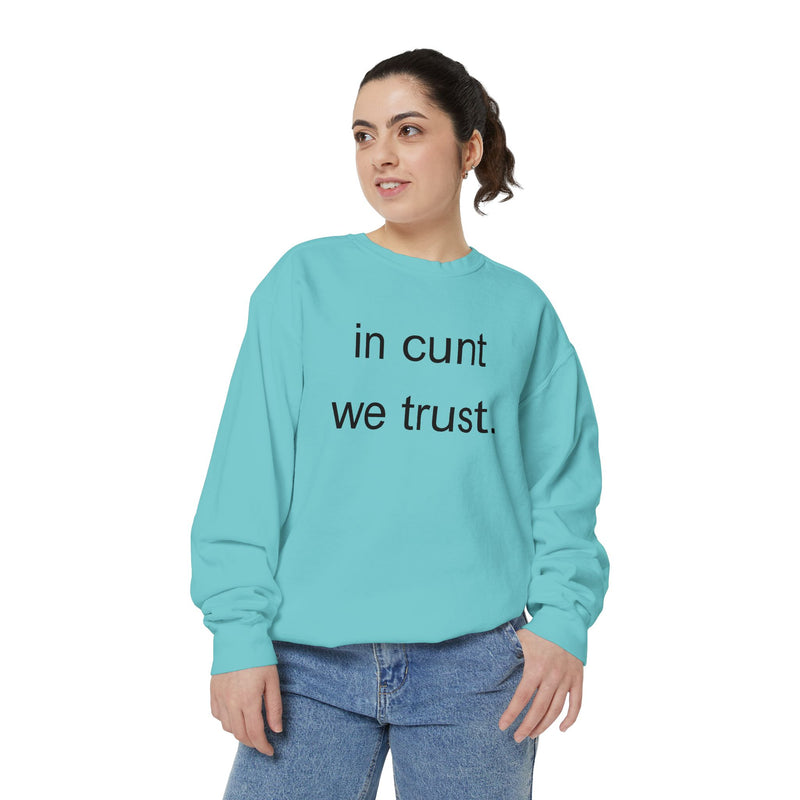 Graphic Sweatshirt — “in cunt we trust.” Bold Provocative Slogan Pullover