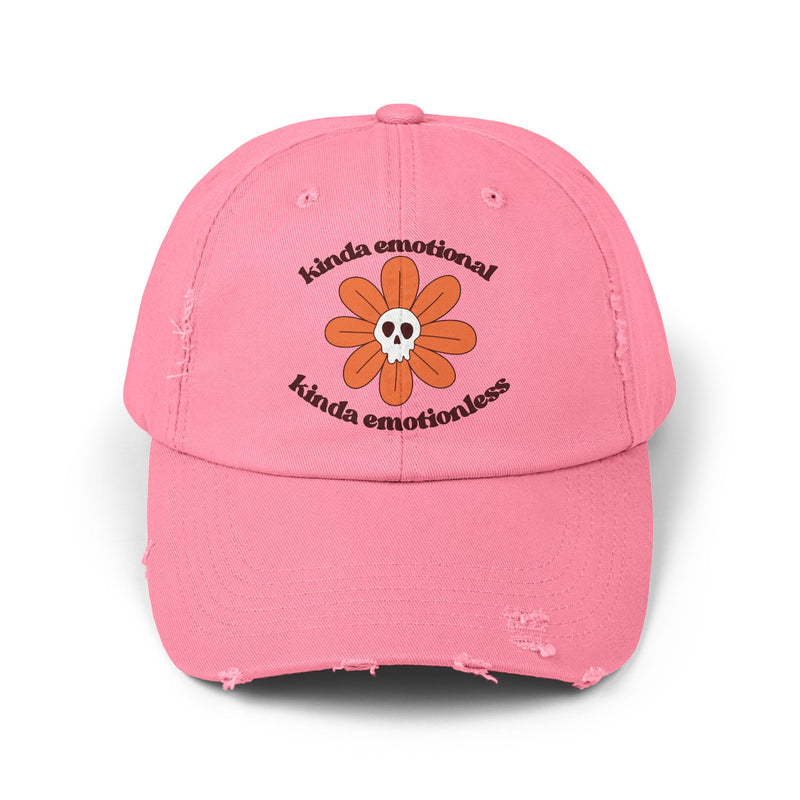 Kinda Emotional Kinda Emotionless Unisex Distressed Cap — Floral Skull Mental Health Awareness Baseball Hat