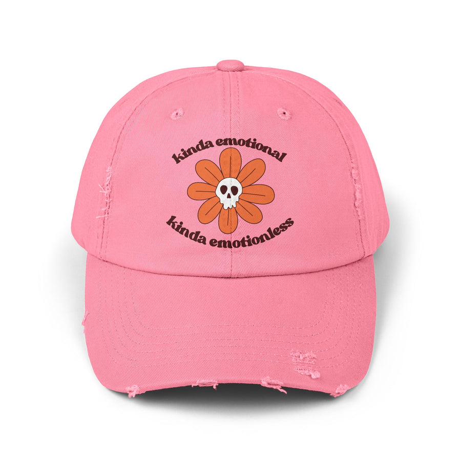Kinda Emotionless Kinda Emotional Distressed Cap — Floral Skull Baseball Hat