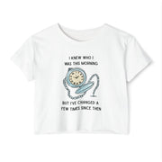 Women's Crop Top T-shirt — 'I Knew Who I Was This Morning' Wonderland Graphic Tee