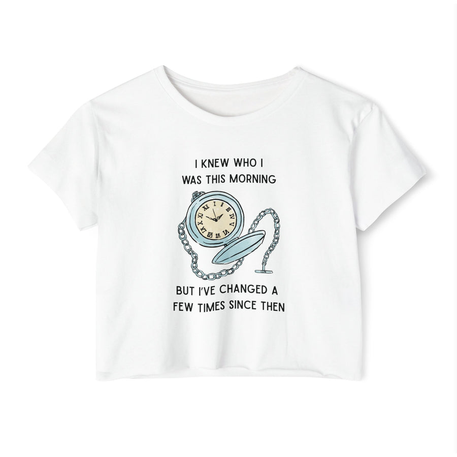 Women's Crop Top T-shirt — 'I Knew Who I Was This Morning' Wonderland Graphic Tee