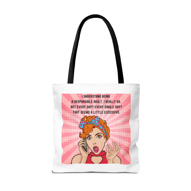 Large 18" x 18" Retro Pop Art Tote Bag — "Being a Responsible Adult" Graphic Tote