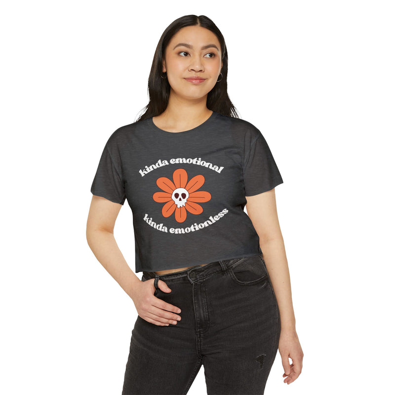 Crop Top — "Kinda Emotional Kinda Emotionless" Skull Flower Festival Tee