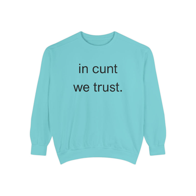Graphic Sweatshirt — “in cunt we trust.” Bold Provocative Slogan Pullover