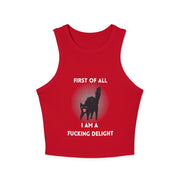 Racer Tank — “First Of All I Am A Fucking Delight” Black Cat Graphic Tank Top