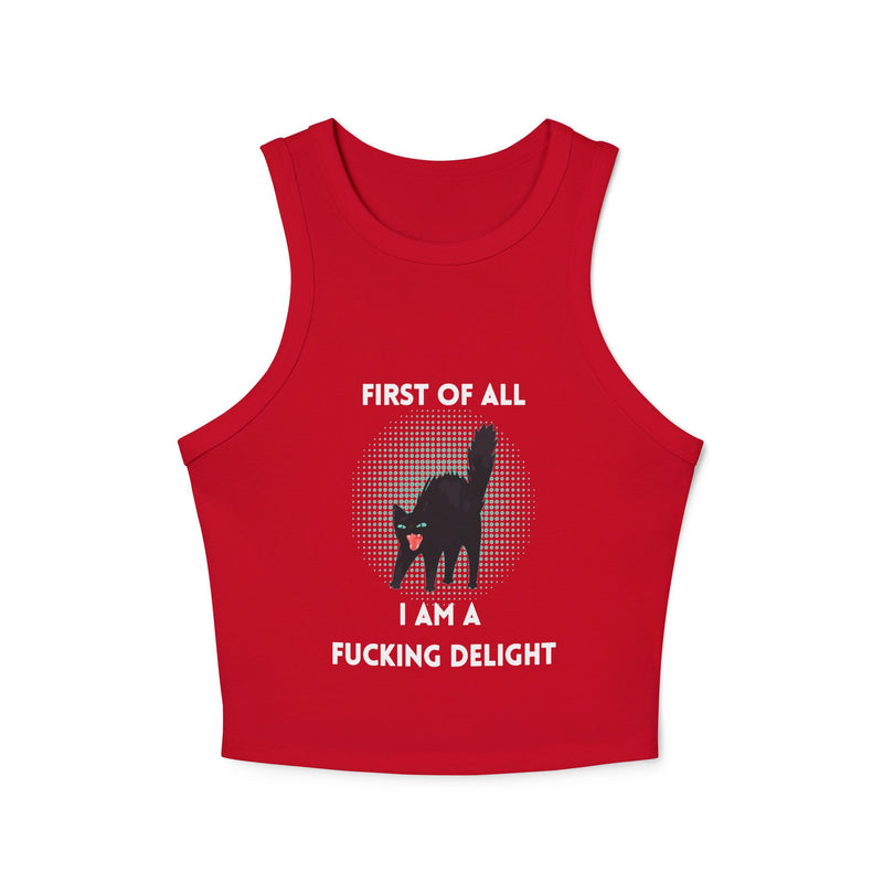 Racer Tank — “First Of All I Am A Fucking Delight” Black Cat Graphic Tank Top