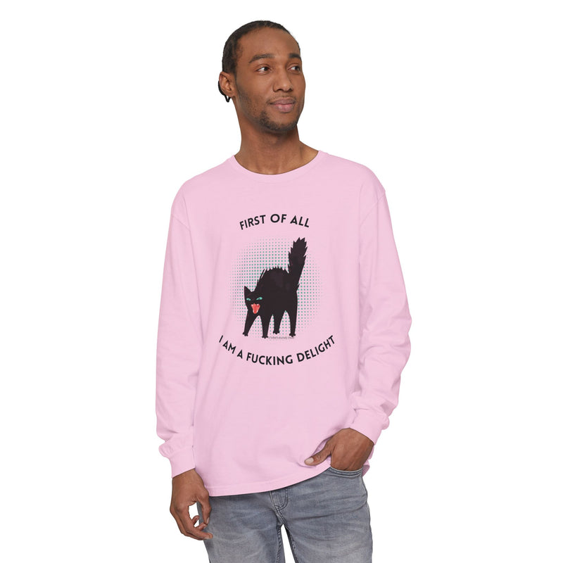 Long Sleeve Tee — “First of All I Am a Fucking Delight” Black Cat Graphic Oversized T-Shirt