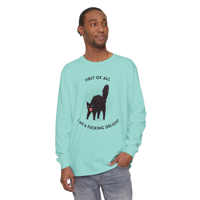Long Sleeve Tee — “First of All I Am a Fucking Delight” Black Cat Graphic Oversized T-Shirt