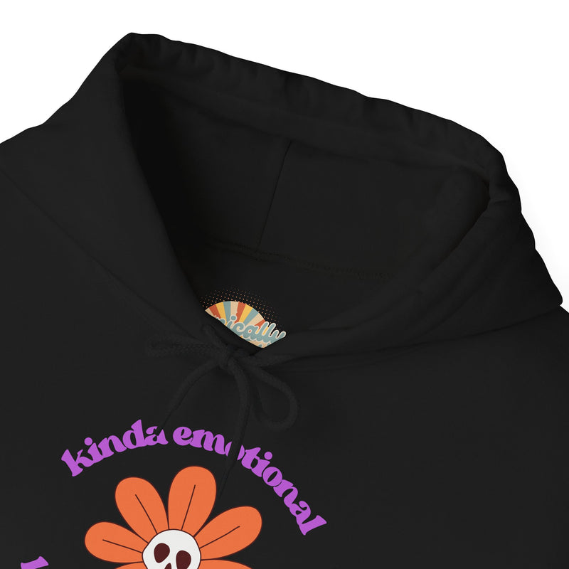 Floral Skull Graphic Hoodie — "Kinda Emotionless, Kinda Emotional" Mental Health Awareness Hooded Sweatshirt