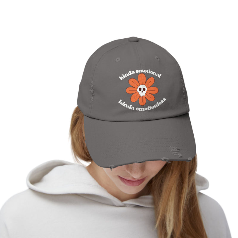 Kinda Emotional Kinda Emotionless Unisex Distressed Cap — Floral Skull Mental Health Awareness Baseball Hat