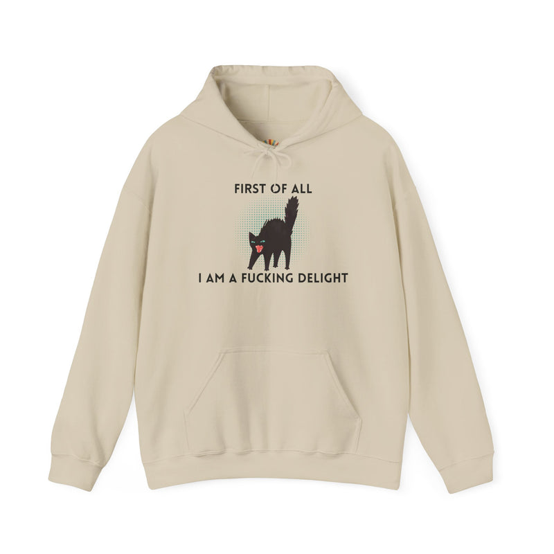 Sassy Cat Unisex Hoodie — "...I Am A Fucking Delight!" Graphic Hooded Sweatshirt