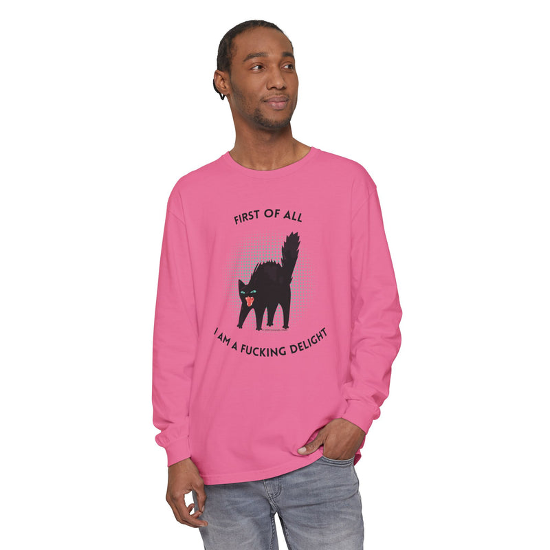 Long Sleeve Tee — “First of All I Am a Fucking Delight” Black Cat Graphic Oversized T-Shirt