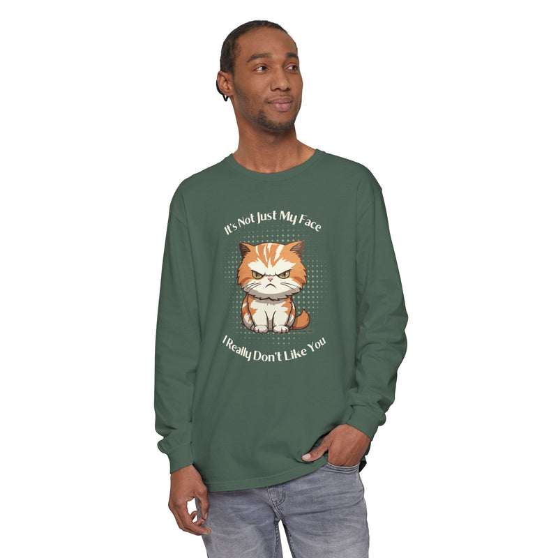 Sassy Cat Long Sleeve Tee — "It's Not Just My Face, I Really Don't Like You" Oversized T-Shirt