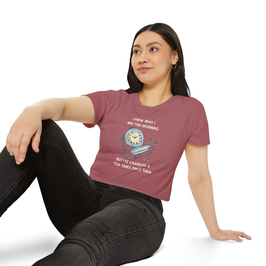 Women's Crop Top T-shirt — 'I Knew Who I Was This Morning' Wonderland Graphic Tee