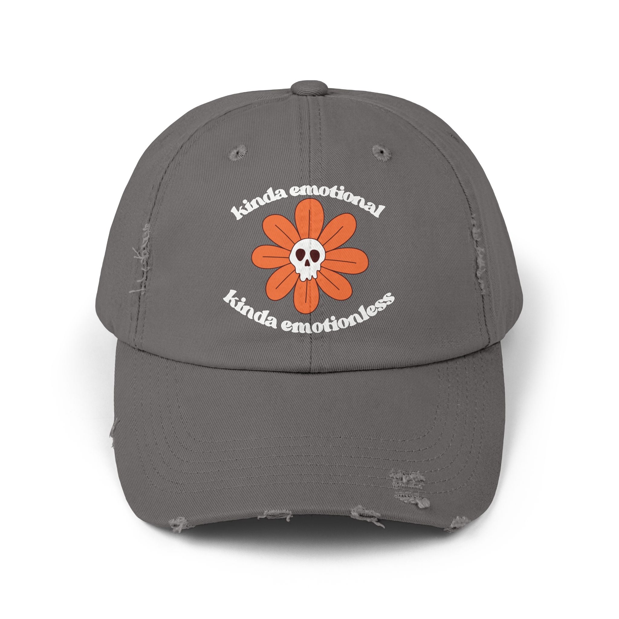 Kinda Emotionless Kinda Emotional Distressed Cap — Floral Skull Baseball Hat