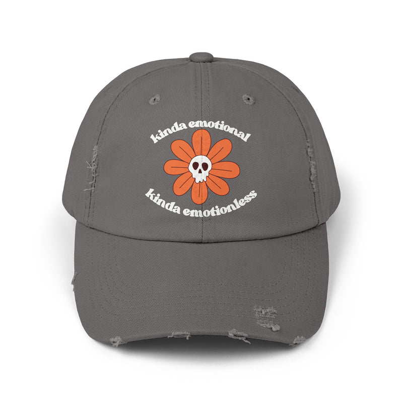 Kinda Emotional Kinda Emotionless Unisex Distressed Cap — Floral Skull Mental Health Awareness Baseball Hat