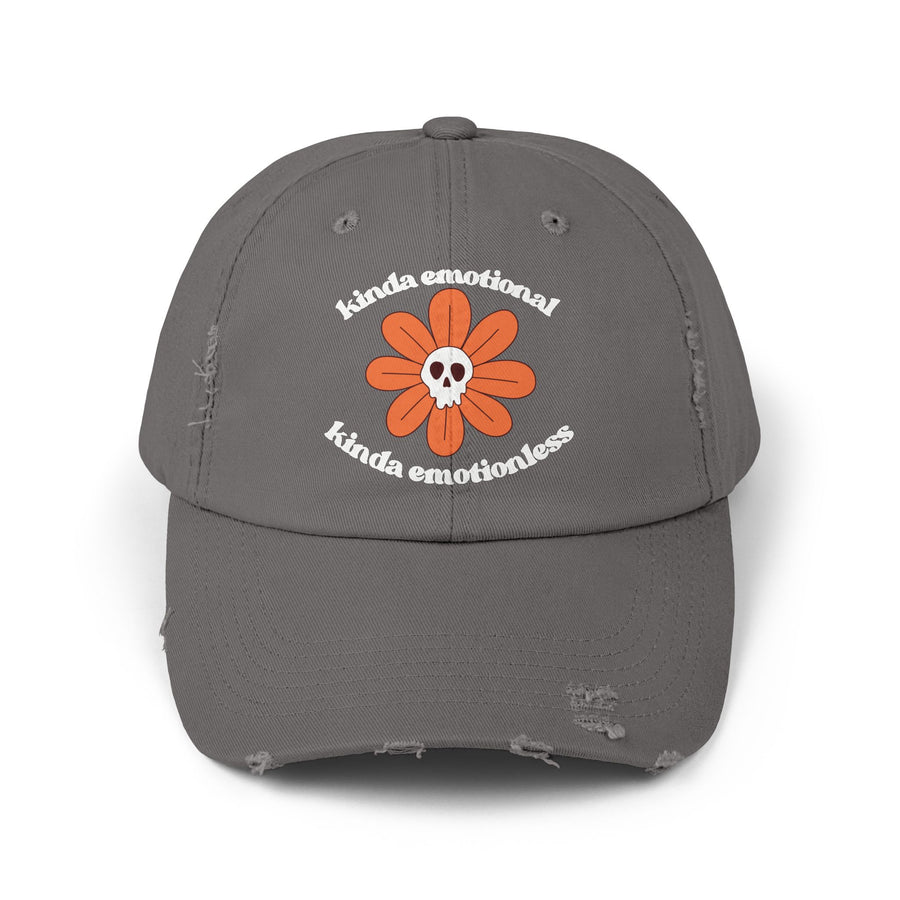 Kinda Emotionless Kinda Emotional Distressed Cap — Floral Skull Baseball Hat