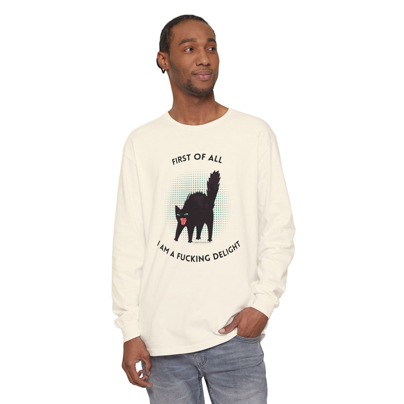 Long Sleeve Tee — “First of All I Am a Fucking Delight” Black Cat Graphic Oversized T-Shirt