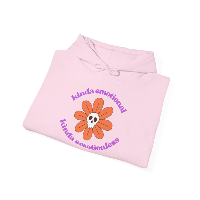Floral Skull Graphic Hoodie — "Kinda Emotionless, Kinda Emotional" Mental Health Awareness Hooded Sweatshirt