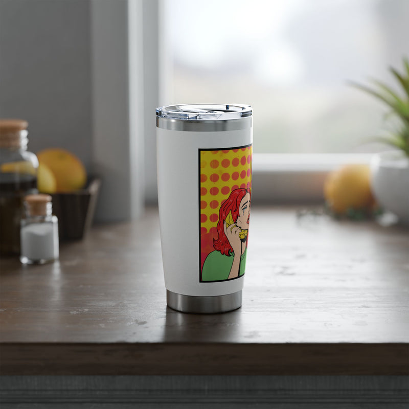 Pop Art Tumbler — Retro Comic "What's the Return Policy on a Man?" 20oz Vagabond Travel Mug