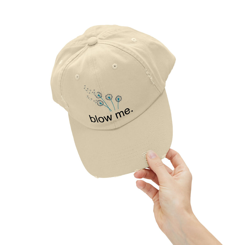"Blow Me" Dandelion Cap — Distressed Baseball Hat