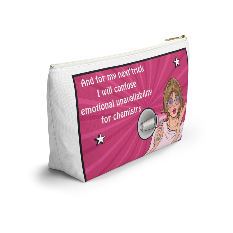 Large Size Accessory Pouch — Pink Pop Art Cosmetic Bag with Quote: “And for my next trick I will confuse emotional unavailability for chemistry”