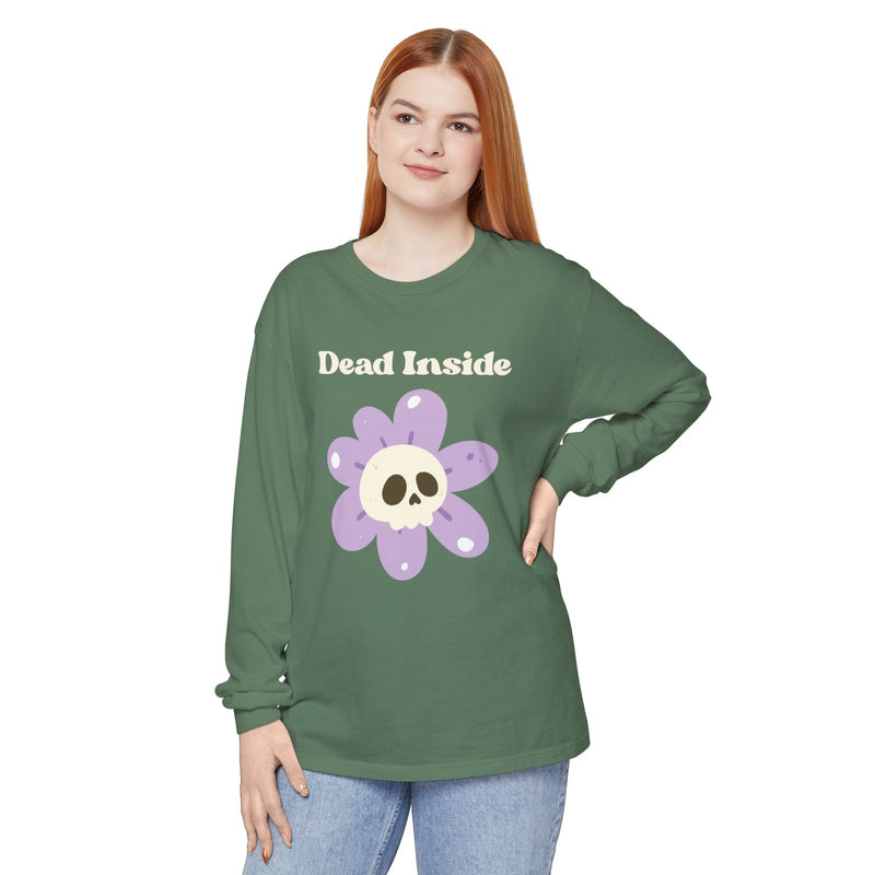 "Dead Inside" Oversized T-Shirt - Skull Flower Long Sleeve Tee