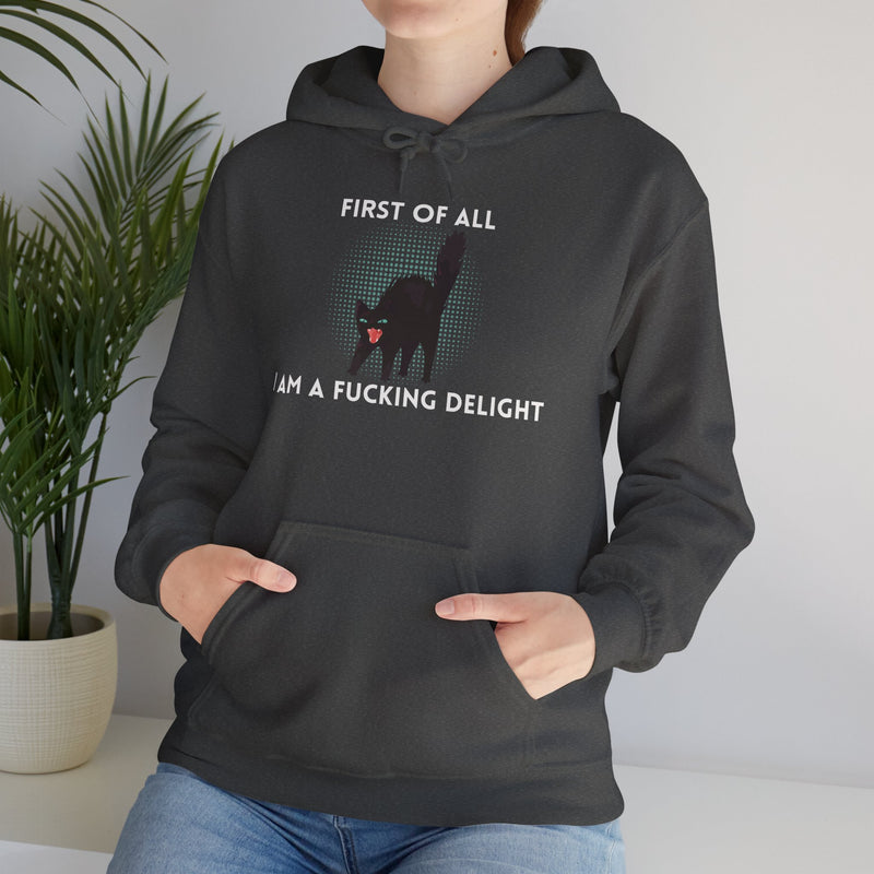 Sassy Cat Unisex Hoodie — "...I Am A Fucking Delight!" Graphic Hooded Sweatshirt