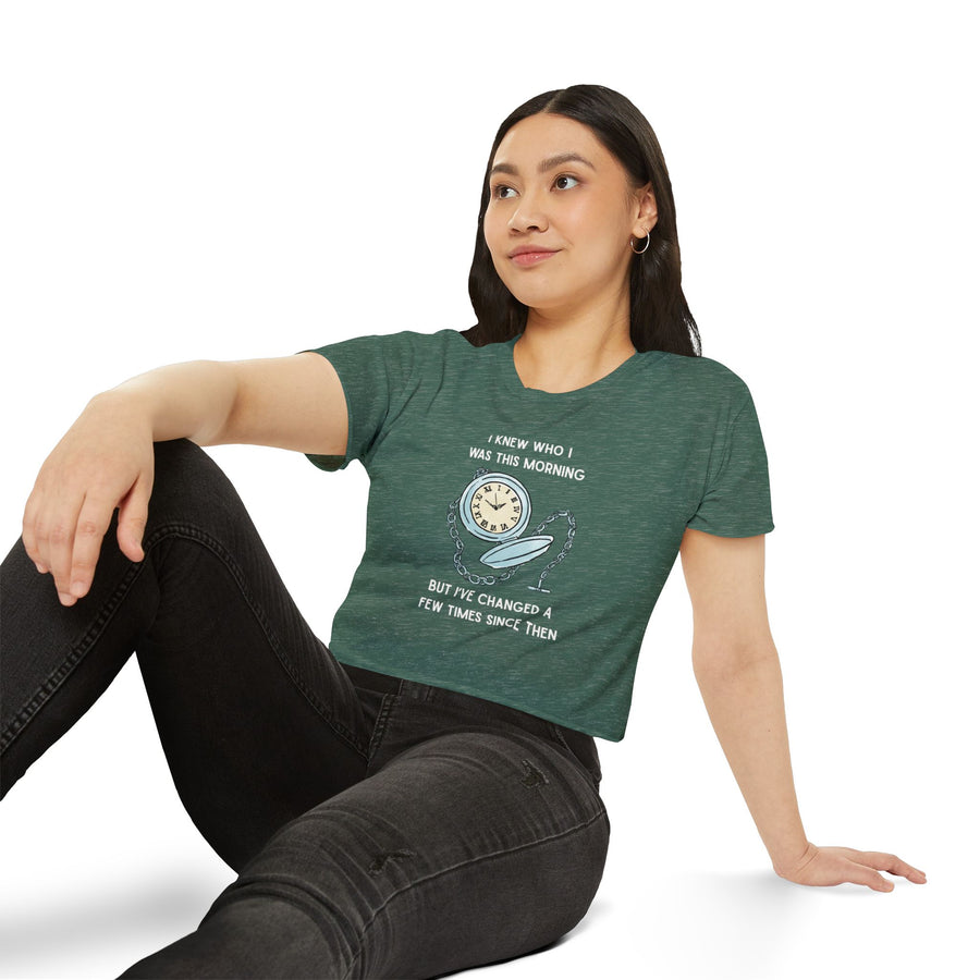 Women's Crop Top T-shirt — 'I Knew Who I Was This Morning' Wonderland Graphic Tee