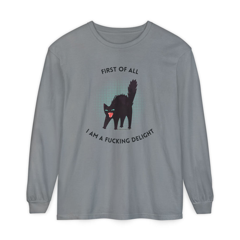 Long Sleeve Tee — “First of All I Am a Fucking Delight” Black Cat Graphic Oversized T-Shirt