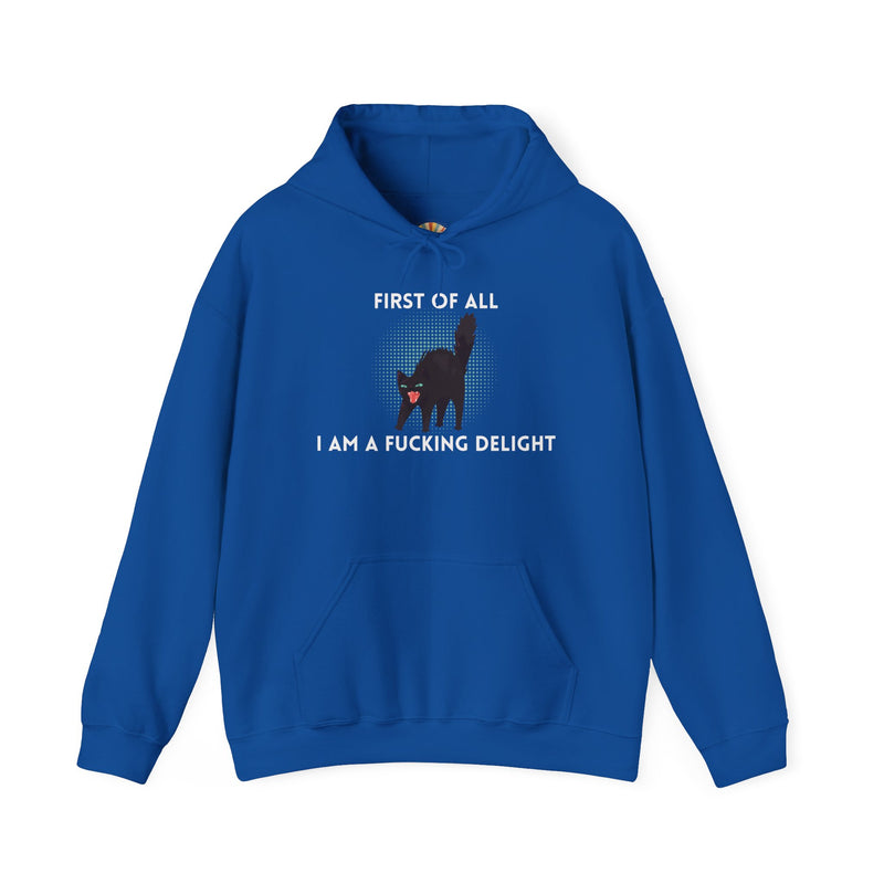 Sassy Cat Unisex Hoodie — "...I Am A Fucking Delight!" Graphic Hooded Sweatshirt