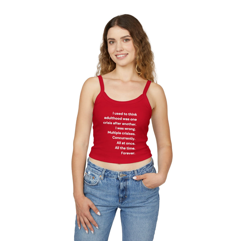 Women's Crop Tank Top — 'Adulthood' Minimalist Text Cropped Spaghetti Strap Tank