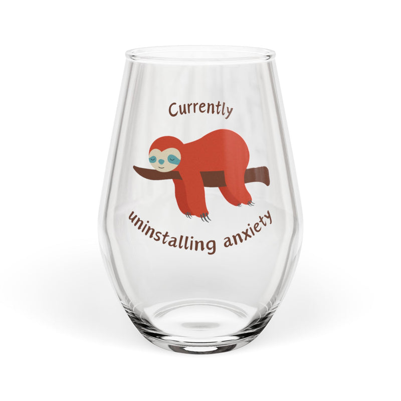 Stemless Wine Glass – "Currently Uninstalling Anxiety" Sloth
